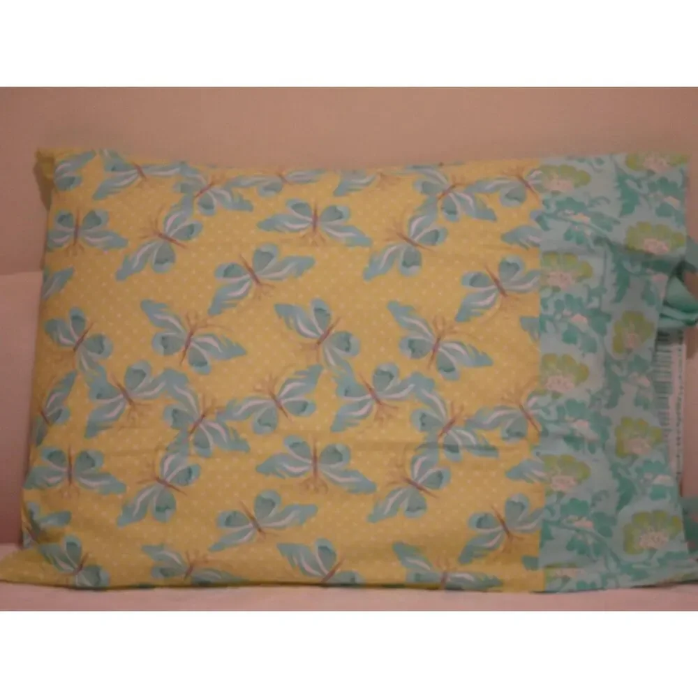 Butterfly Pillowcase, Handmade Cotton, Turquoise Floral Border, Ribbon Closure